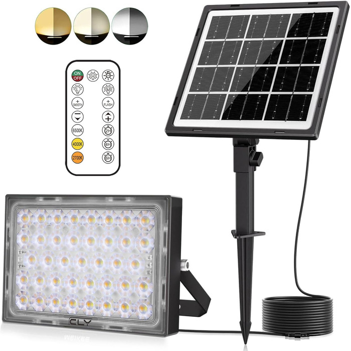 CLY Solar Spotlight Outdoor with Remote Control 30W 2600LM Solar Spotlight 2700K 4000K 6000K 2 Brightness Solar Lamps for Outdoor 2 Dynamic Modes Timing Function 5000mAh Solar Outdoor Light IP66 Waterproof