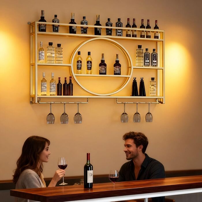 Настінна вітрина для вина Regal Metall: полиця для пляшок, барна вітрина, для бару, ресторану, інтер'єру (золота, 100*15*80)