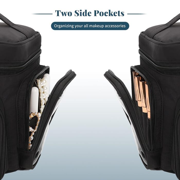 Косметичка для подорожей, велика, чорна: органайзер для макіяжу з відділенням для пензлів, дамська косметичка