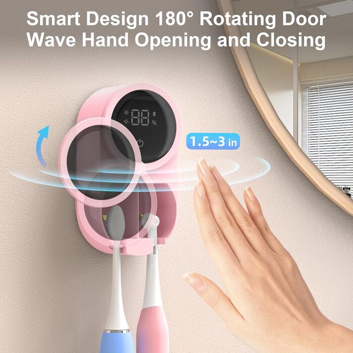 Biodzzs Wall-Mounted Toothbrush Holder and Cleaner, Smart Light Cleaning and Fan Drying, Automatic Rotating Cover, Toothbrush Case with Digital Screen, Portable, Blue (03 Pink)