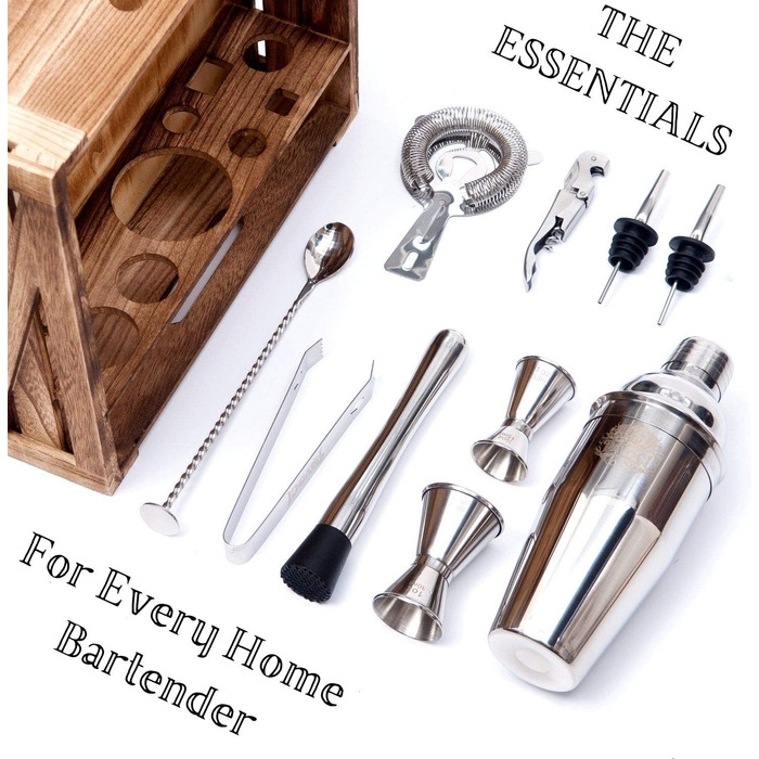 Набір для приготування коктейлів PAVOCI: 11 предметів, шейкер, барменський інструмент з нержавіючої сталі, дерев'яний підставник, аксесуари. Ідеально для дому, бару, професійного використання