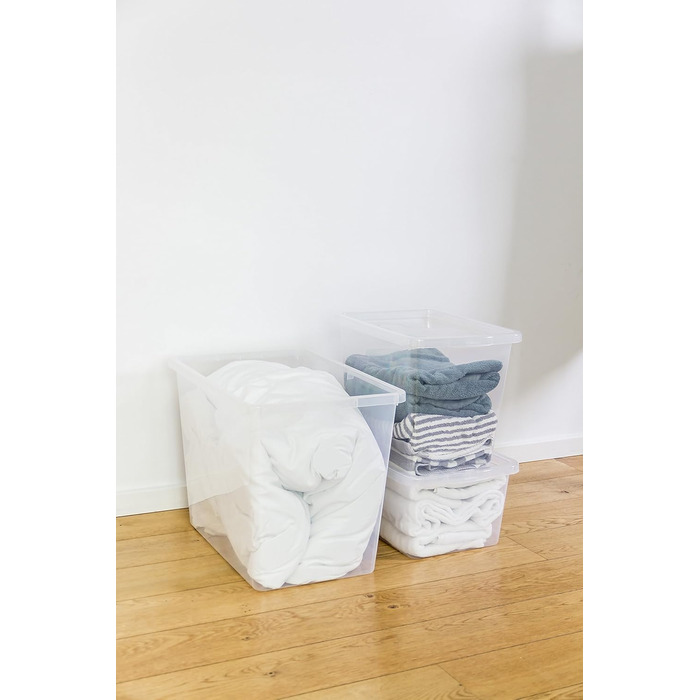 Kreher XXL Storage Box with Lid made of Plastic in Transparent. Holds approximately 135 liters. Dimensions approximately 78 x 56 x 41 H cm.