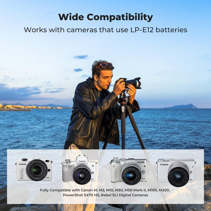 Акумулятор K&F Concept для Canon LP-E12 з зарядним пристроєм, 1100mAh, сумісний з Canon EOS M, M2, M10, M50, M50 Mark II, M1, M100, M200, PowerShot SX70 HS, Rebel SL1