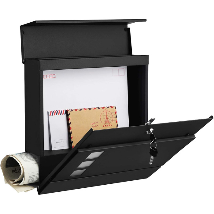 Поштовий ящик SONGMICS XXL з газетницею, чорний, 37x37x10.5 см, з ключем, вікном, захистом від реклами, для дому та саду