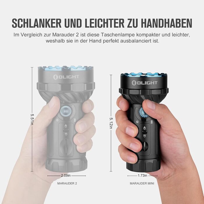 OLIGHT Marauder Mini LED ліхтар Super Hell 7000 Lumen, 600 метрів, перезарядна модель з прожектором та світловим потоком, 3 кольори LED з датчиком відстані, для активного відпочинку (чорний)