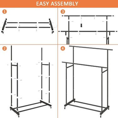 Clothes Rack with Double Rod, Rolling Clothes Rack, Portable Clothes Rack for Bedroom, Living Room, Clothing Store (Black)