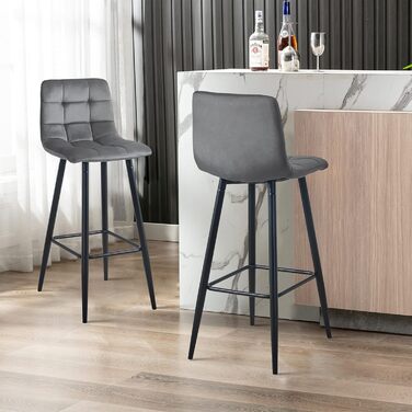 Velvet Bar Stools Set of 2 with Backrest - 66cm Counter Height - Grey
