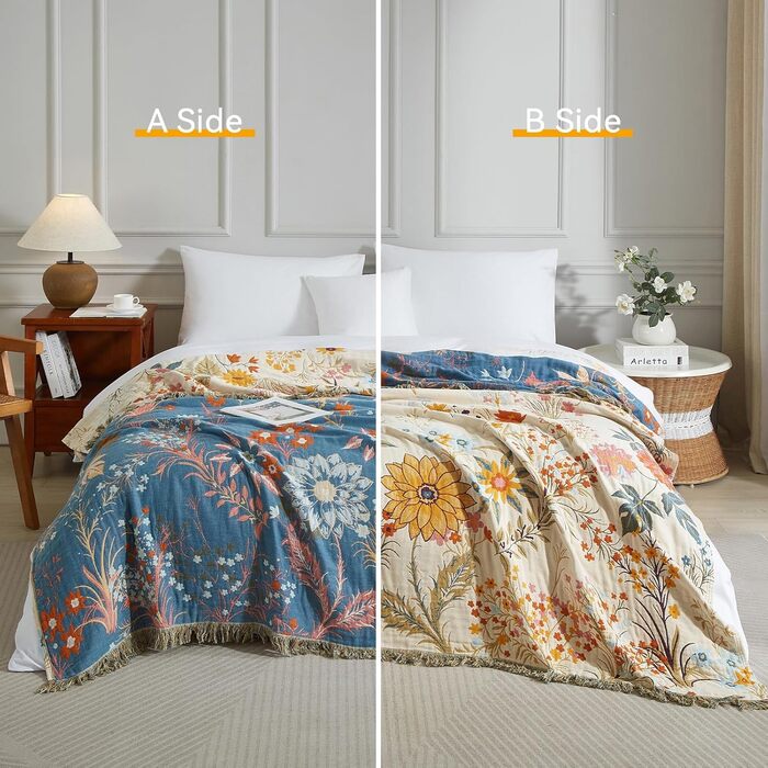 Богемна ковдра Boho 100% бавовна, м'яка ковдра з мусліну, плед 150x200 см, ковдра на диван та ліжко, декоративна ковдра, літня ковдра для вітальні, зелено-бежева (200 x 230 см, квітковий сад)