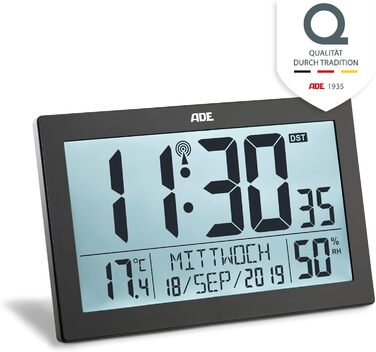 Digital Radio Clock with Large XL Display | Calendar | with Temperature Display & Hygrometer | Wall Clock | Radio Alarm Clock with 2 Alarm Times and Snooze Function | (--)