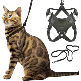 Нашийник та поводок для котів Houdini™ з веганської шкіри, анти-вислизання, OutdoorBengal для прогулянок (M, великий кіт, м'яка сітчаста тканина)