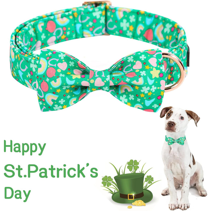 Нашийник для собак на День Святого Патріка з бантиком, зелений, з кишенькою, для дітей та дорослих, універсальний розмір, білий трилистник (S, райдужний трилистник)