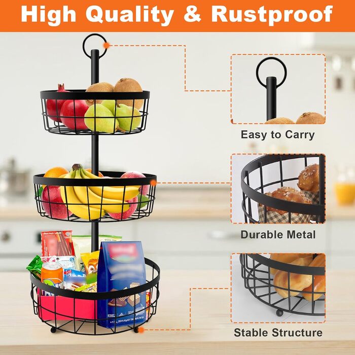 Металева фруктова етажерка Yiomxhi 3 ящики, чорна – для зберігання фруктів, овочів, хліба та закусок