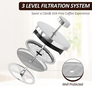 Френч-прес 600мл з нержавіючою сталлю, кавова преса, для приготування кави та чаю, стійке до нагрівання скло, підходить для миття в посудомийній машині