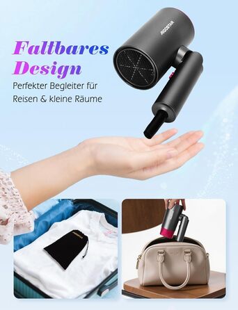 Aigostar Фен для подорожей 2100W з складною ручкою, сірий, з захистом від перегріву, з сумкою