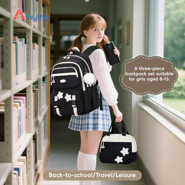 Набір шкільних рюкзаків для дівчаток Lässig: 3 шт. (рюкзак, ланчбокс, пенал) для 2-5 класів. Чорний шкільний рюкзак для підлітків та дітей.