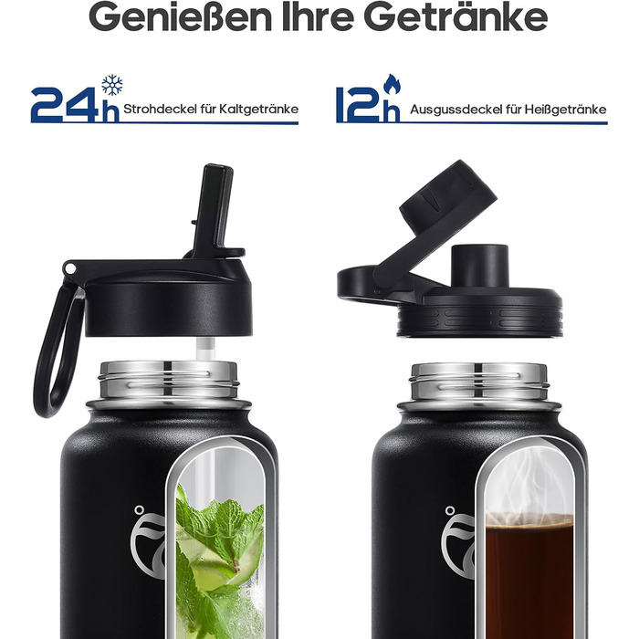 Термофляга HydroPal 1.2л (1200 мл) нержавіюча сталь, BPA-free, чорна - для спорту, подорожей, кемпінгу з соломинкою та двома кришками