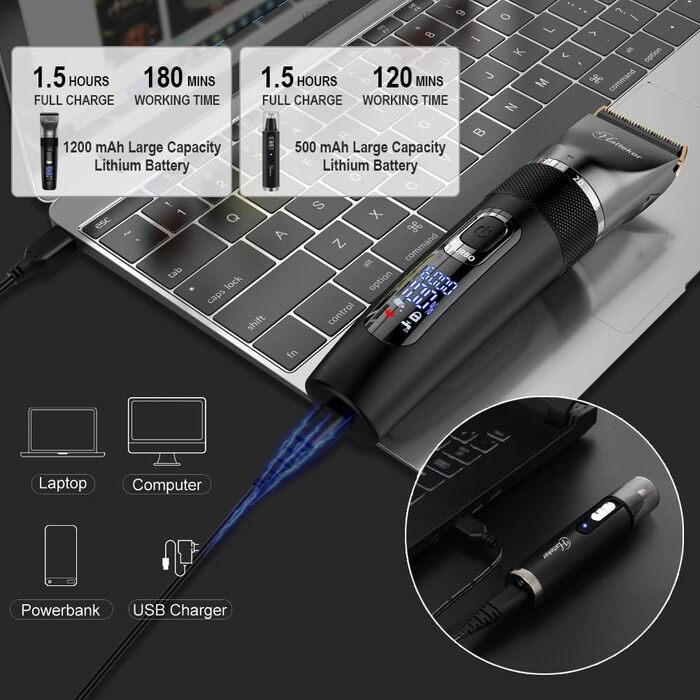 Hatteker Pro Машинка для стрижки волосся та бороди: набір з тримером, T-подібний тример, водонепроникний IPX7, чорний