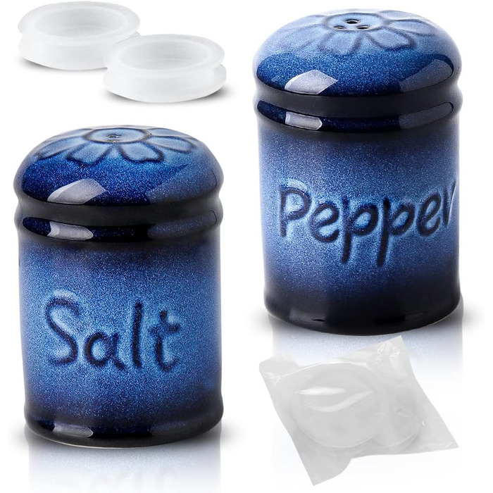 Nihow Ceramic Salt and Pepper Shaker Set, 2.6 inches, Bar Salt and Pepper Shakers, Rust-Proof Spice Shakers, Elegant, Black and Blue, 2 Pieces
