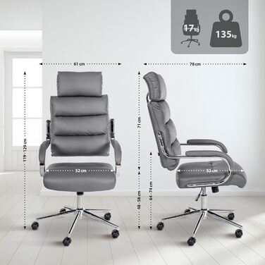 Офісне крісло CLP Campo з штучної шкіри: регульована висота та поворотний механізм, до 135 кг, з підлокітниками, сірий колір