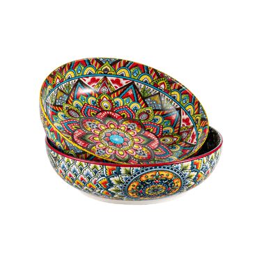 Набір тарілок Henten Home Mylo (2 шт.): супові та глибокі, 1500 мл. Тарілки для супу, пасти, салату в богемному стилі Boho, рожево-червоні відтінки