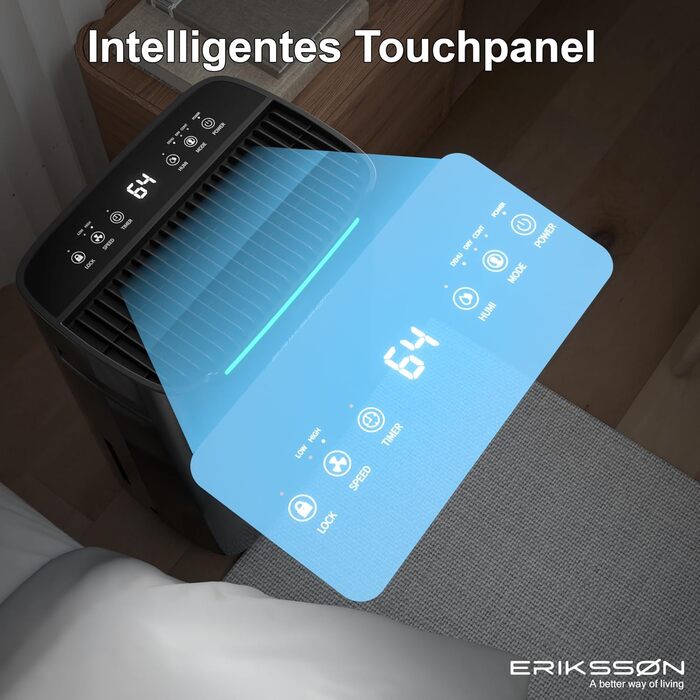 Зволожувач повітря Erikssøn з LED-дисплеєм, таймером та захистом для дітей | видаляє 20 л вологи на добу | для приміщень до 175 м³ | енергоефективний, з датчиком вологості, чорний