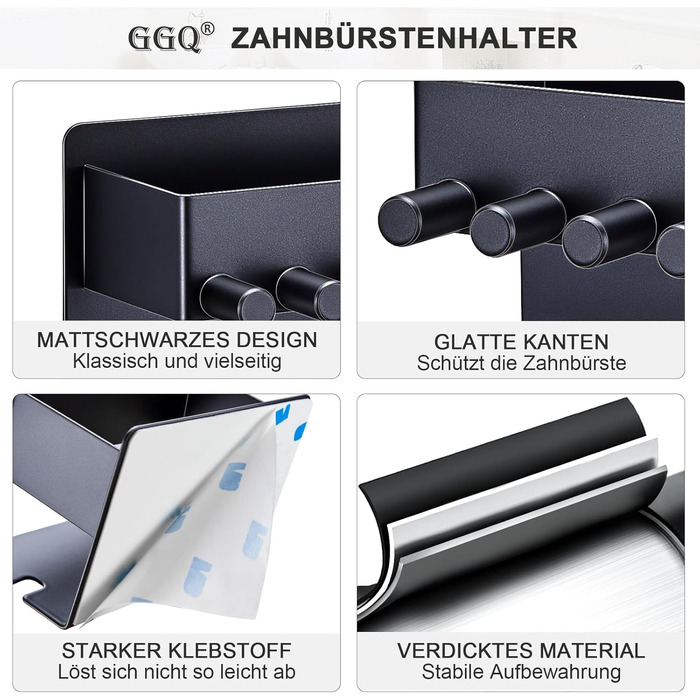 Настінний тримач для зубних щіток GGQ, для електричних та звичайних щіток, без свердління, самоклеючий, з органайзером для пасти, чорний