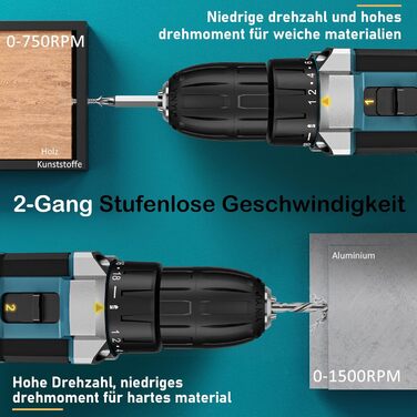 Акумуляторний шуруповерт Sundpey 21V з 2x2000mAh акумулятором, 45 Нм, 2 швидкості, 18+1 момент, патрон 10мм, набір 19шт для дому та DIY, блакитний