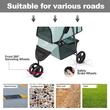 Дитяча коляска для тварин, складна, для котів/собак, з кошиком для зберігання та тримачем для напоїв, 3 колеса, для собак та котів, для маленьких або середніх собак, котів, цуценят (Блакитно-зелений)
