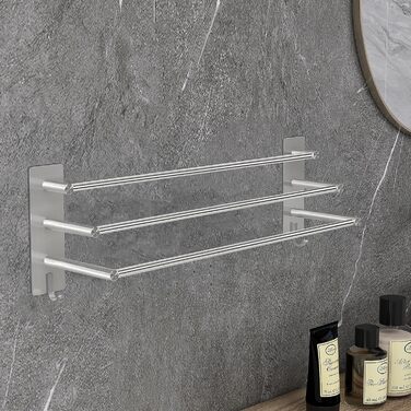 Тримач для рушників Vista з 3-ма перекладинами без свердління, нержавіюча сталь SUS304, сріблястий, з двома гачками, 60 см