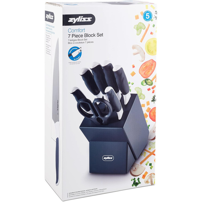 Zyliss Comfort Knife Block Set - 7 Piece Japanese Stainless Steel Kitchen Knife Set with Block, Dishwasher Safe, 5-Year Warranty