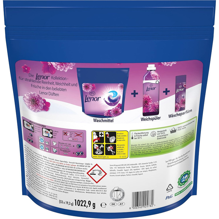 Капсули для прання кольорових речей Lenor All-in-1 PODS Amethyst Blütentraum, гігієнічне глибоке очищення та тривала свіжість, 53 шт