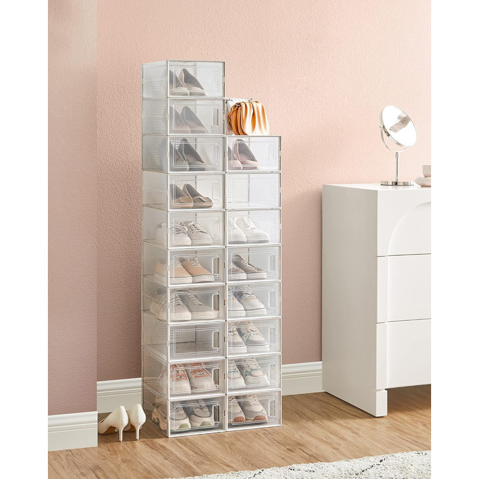 SONGMICS Shoe Boxes, 18-Piece Set, Plastic Shoe Organizer, Foldable and Stackable, for Shoes up to Size 44, Transparent-White LSP18SWT