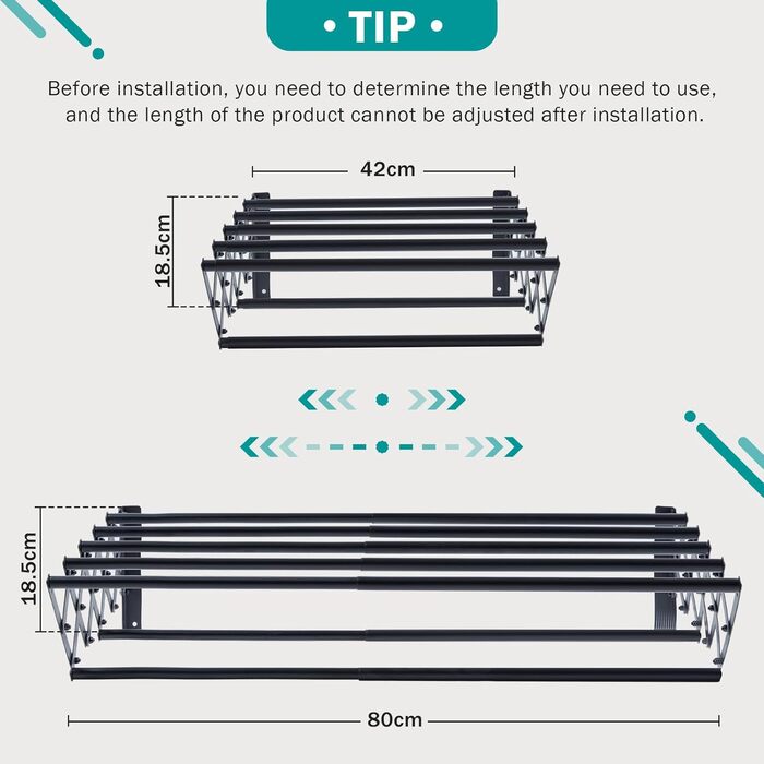 Настінна сушилка для білизни YOUDENOVA з 7 стійок, розсувна, для ванної кімнати, металевий тримач для рушників, (42-80) x 59 x 19 см, чорний