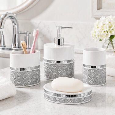 Набір аксесуарів для ванної кімнати Creative Scents Mirror Damask, 6 предметів (сірий та білий): дозатор мила, мильниця, стакан, тримач для зубних щіток, коробка для серветок, кошик для сміття