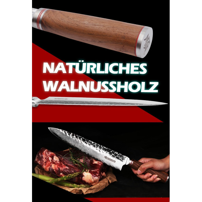 Ніж кухарський YOUSUNLONG Pro Gyuto 255 мм з дамаської сталі, ручка з натурального горіха, шкіряна піхва