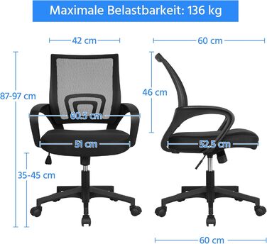 Офісне крісло Yaheetech ергономічне, з сітчастою спинкою та підлокітниками, поворотне, для начальника, з функцією гойдання, регульоване по висоті, підходить для ваги до 136 кг, чорне