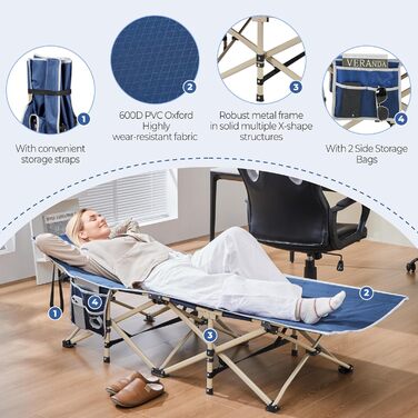 Ліжко гостьове Yaheetech складане для кемпінгу, блакитне, до 150 кг, з бічною кишенею та сумкою для транспортування