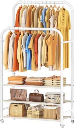 Вішалка для одягу HOMIDEC з 3 полицями, подвійна штанга на колесах, металевий каркас, біла - до 80 кг