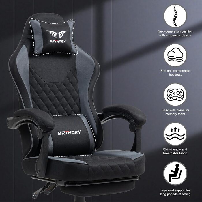 Геймерське крісло Racing Ergonomic Stoff – чорно-сіре з підставкою для ніг та регульованою спинкою (135°)