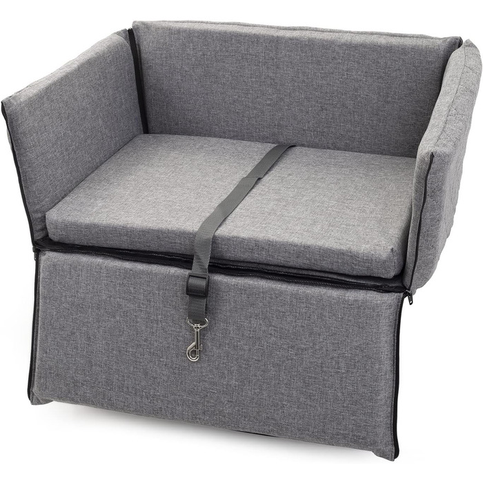 Автомобільний сидіння для собак середніх та великих порід, сіре, розмір M (60x41 см), матеріал: поліестер (імітація льону)