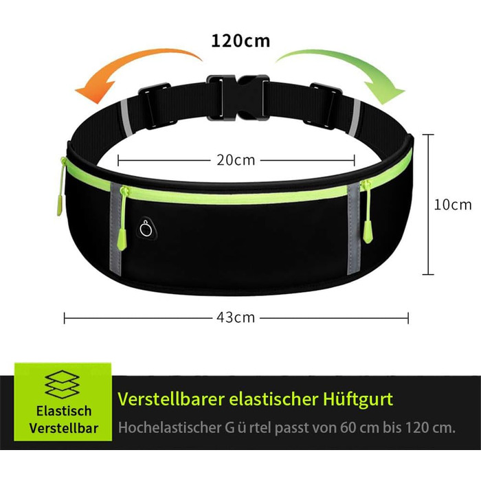 Пояс для бігу з водонепроникним регульованим гумовим ремінцем, піткостійкі кишені на стегнах великої місткості, ідеально підходить для бігу та активного відпочинку. Чорний