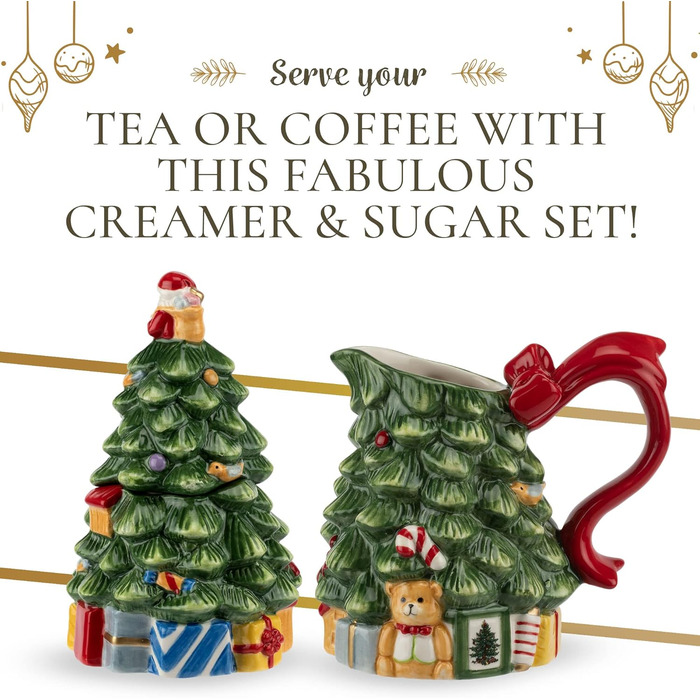Spode Sugar and Creamer Set with Christmas Tree, Figurine Tree, 209 ml creamer and 150 ml sugar bowl with lid, festive tea and coffee set, dishwasher safe, ceramic tableware.