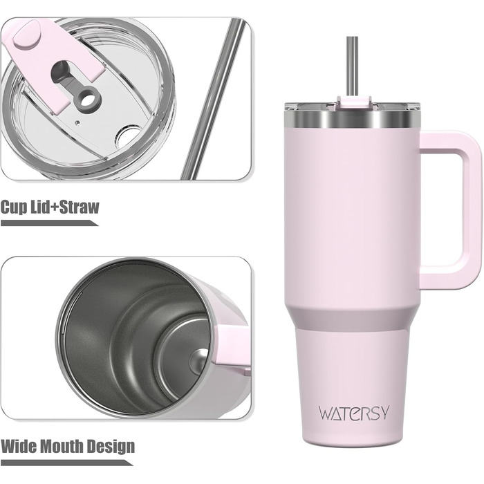 Термокружка WATERSY 40oz з нержавіючої сталі, 591 мл, з подвійними стінками, з ручкою та трубочкою, для гарячих та холодних напоїв (колір: рожевий)