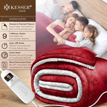 Електрична ковдра KESSER® з автовимкненням 200x180 см двостороння | Ковдра для ліжка, дивана | 9 температурних режимів | Пральна до 40°C | з таймером, цифровим дисплеєм, Бордовий колір