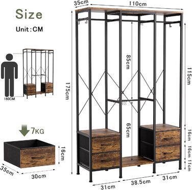 Шафа відкрита, вішалка для одягу, гардеробна стійка з 4 шухлядами, стійка для одягу, для спальні, вітальні, передпокою (rustic brown)