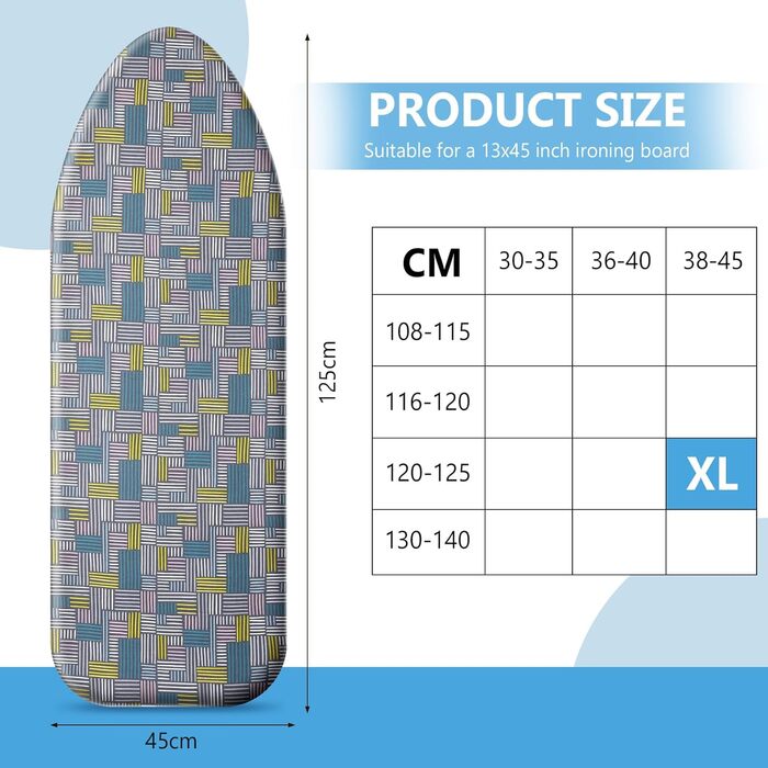 Чохол для прасувальної дошки Cozary 125 x 45 см, бавовна, для парогенератора та праски, стійкий до високих температур (210°C), блакитно-сірий в клітинку