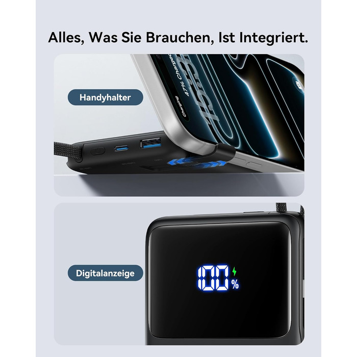 Повербанк INIU 45W 10000mAh з вбудованим кабелем USB-C, швидка зарядка для iPhone 16 17 Pro, Samsung S22, Xiaomi, iPad, чорний