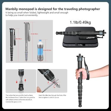 Монопод для камери Manbily A-555L 168 см з алюмінію, з ручкою-підтримкою, до 7 кг, сірий