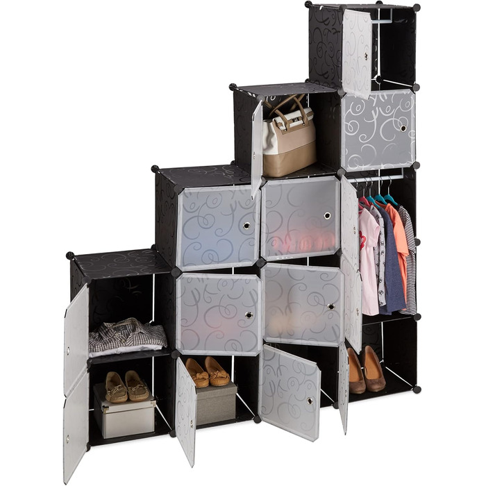 Relaxdays Closet Organizer with 11 Compartments, Wardrobe with 2 Clothes Rails, DIY Plastic Plug-in Shelves, white (Black)