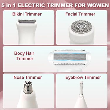 Електричний жіночий тример 5-в-1: для тіла, обличчя, брів та носа. Вологостійкий (IPX7) з USB-станцією.